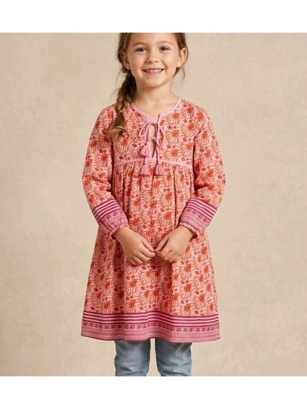 Pink Chicken Dress Girls 10 Pink Floral Long Sleeve Lined Boho Knee Length